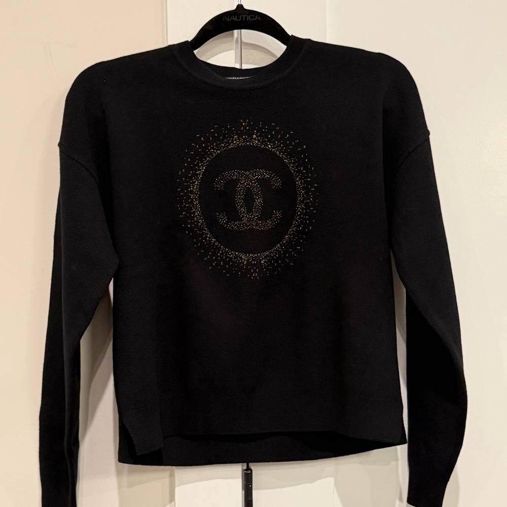 CHANEL Uniform Black Cotton Sweater W Gold Metallic CC Logo Size S designer NEW - Picture 11 of 13